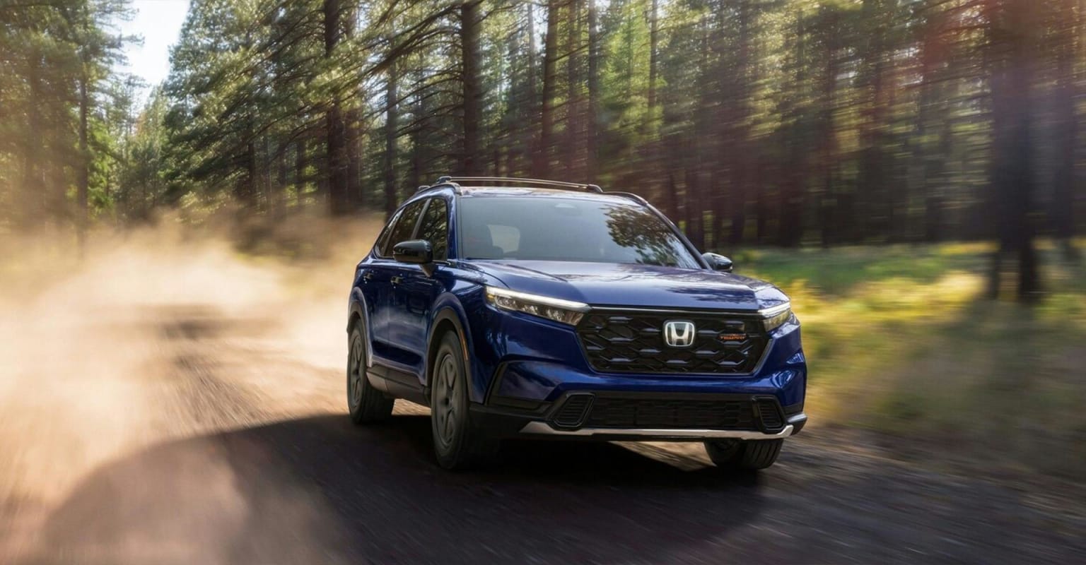 A blue SUV driving down a dirt road through a sun-dappled forest.