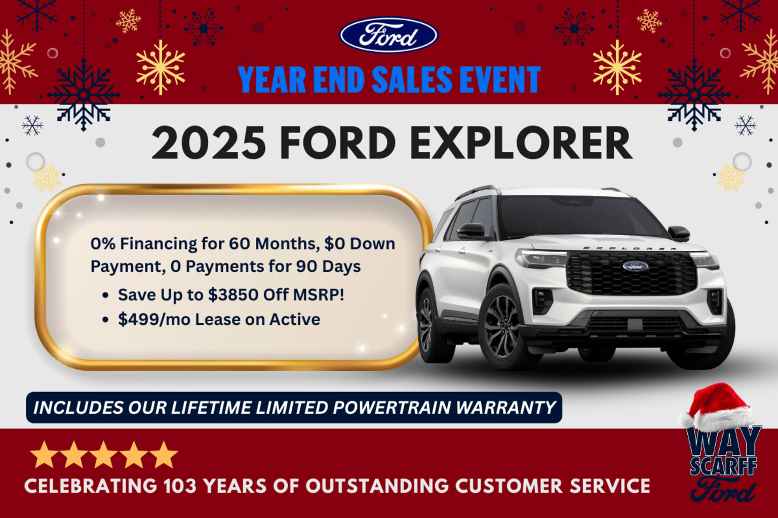 2025 SUV featured in a holiday-themed setting with snowflakes, promoting year-end sales event with financing options and powertrain warranty.