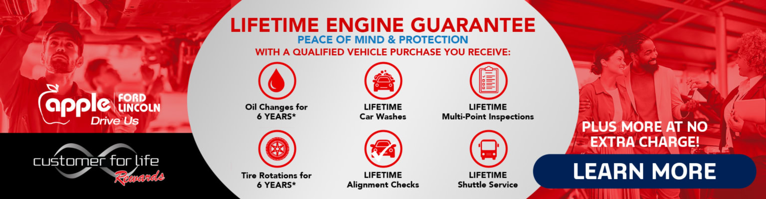 A red banner advertises a "Lifetime Engine Guarantee" with various services, set against a blurred background of people.