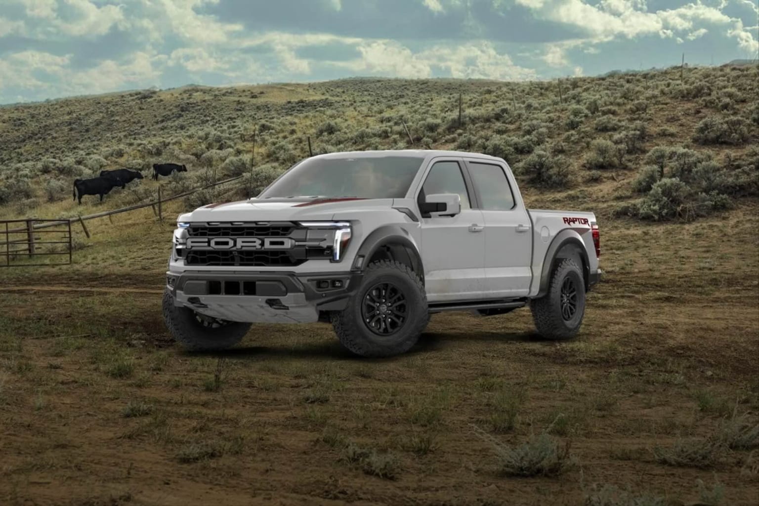 A white truck sits on a dirt road in the foreground, with rolling hills, a fence, and a few cows grazing in the background under a cloudy sky.