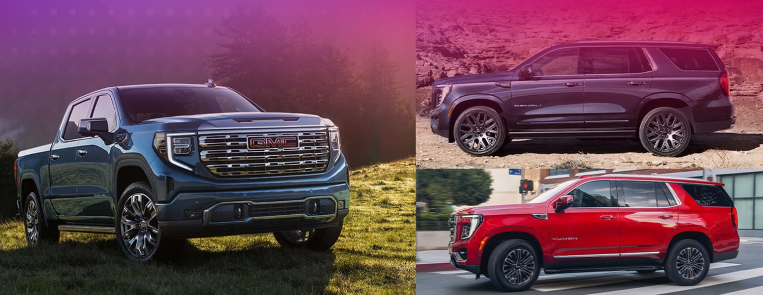 Three different SUV models from various automotive manufacturers, each with its own distinct design and features, set against a backdrop of natural landscapes and urban environments.