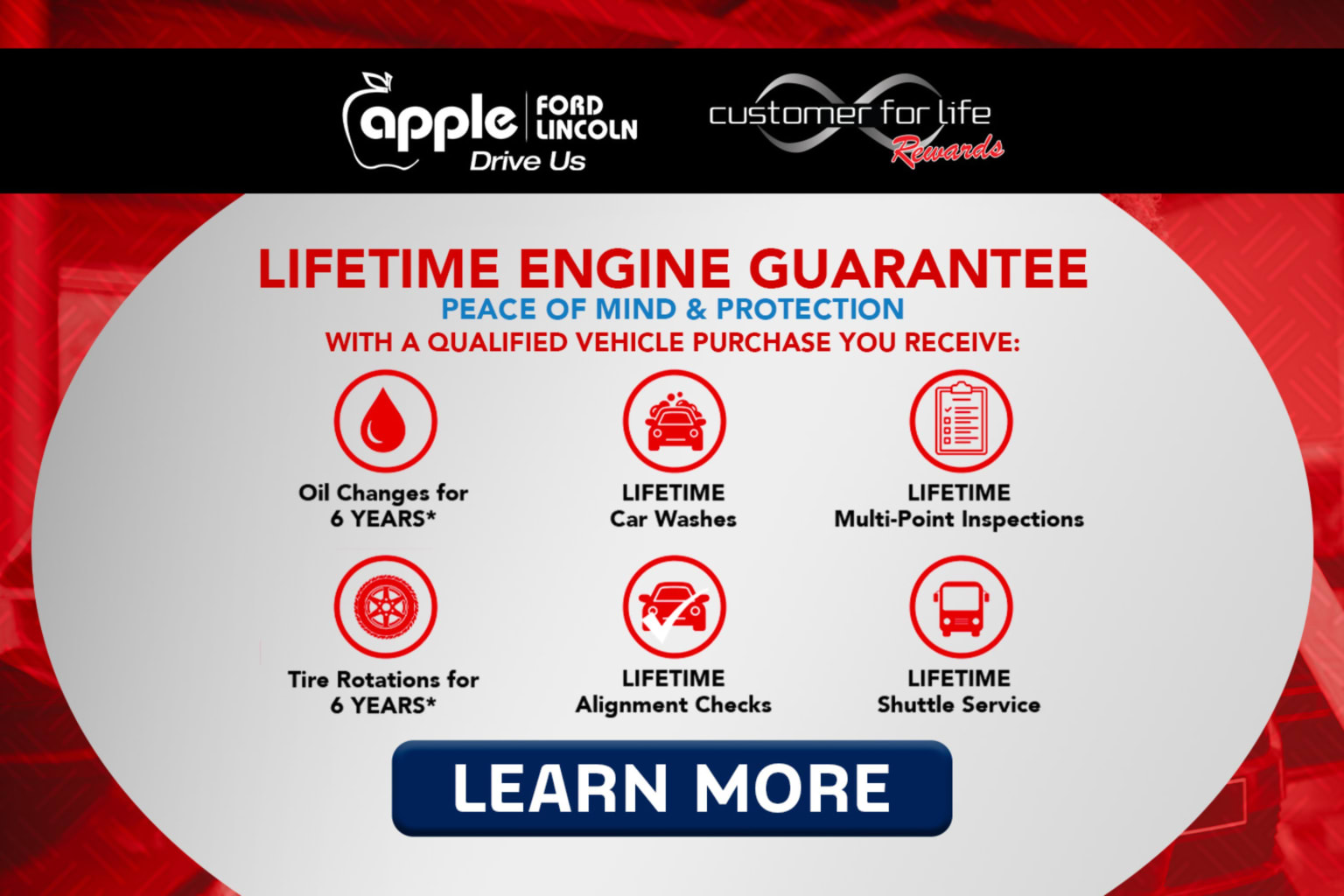 An advertisement for a lifetime engine guarantee from a dealership features six service icons in the foreground and a blurred red background.