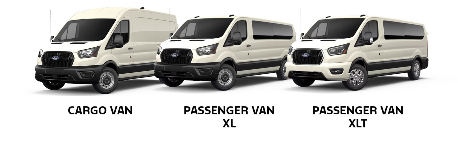Three different models of cargo and passenger vans are displayed in the image, showcasing their distinct designs and features.