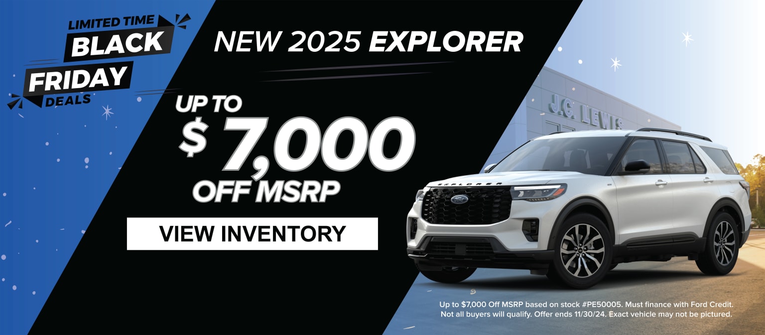 The image displays a white SUV, likely the new model, with a promotional advertisement for a Black Friday deal offering a discount.