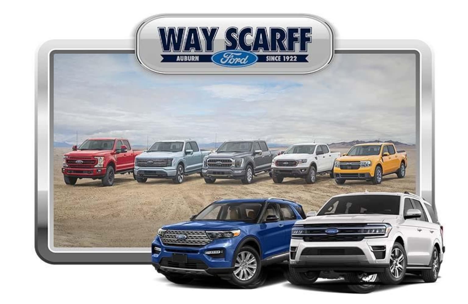 The image showcases a variety of vehicles, including pickup trucks, SUVs, and a compact car, all displayed against a scenic outdoor backdrop with a cloudy sky.