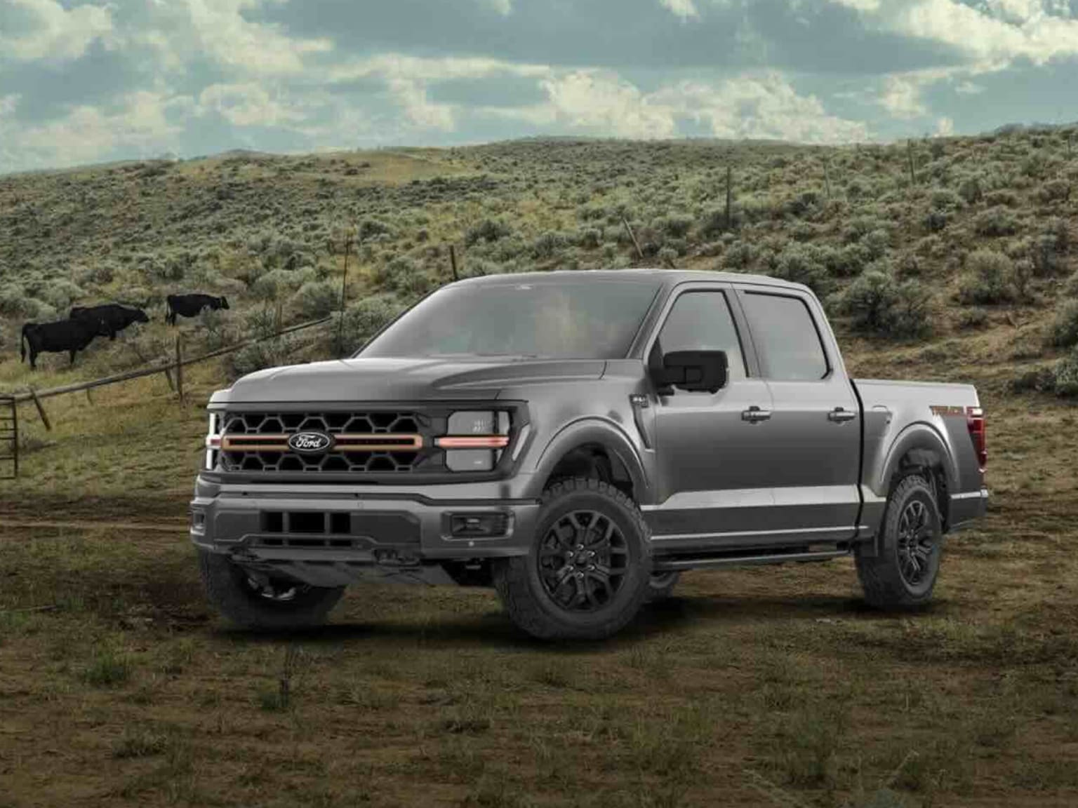 A gray pickup truck sits on a dirt road in front of rolling hills with a few cows grazing in the distance.