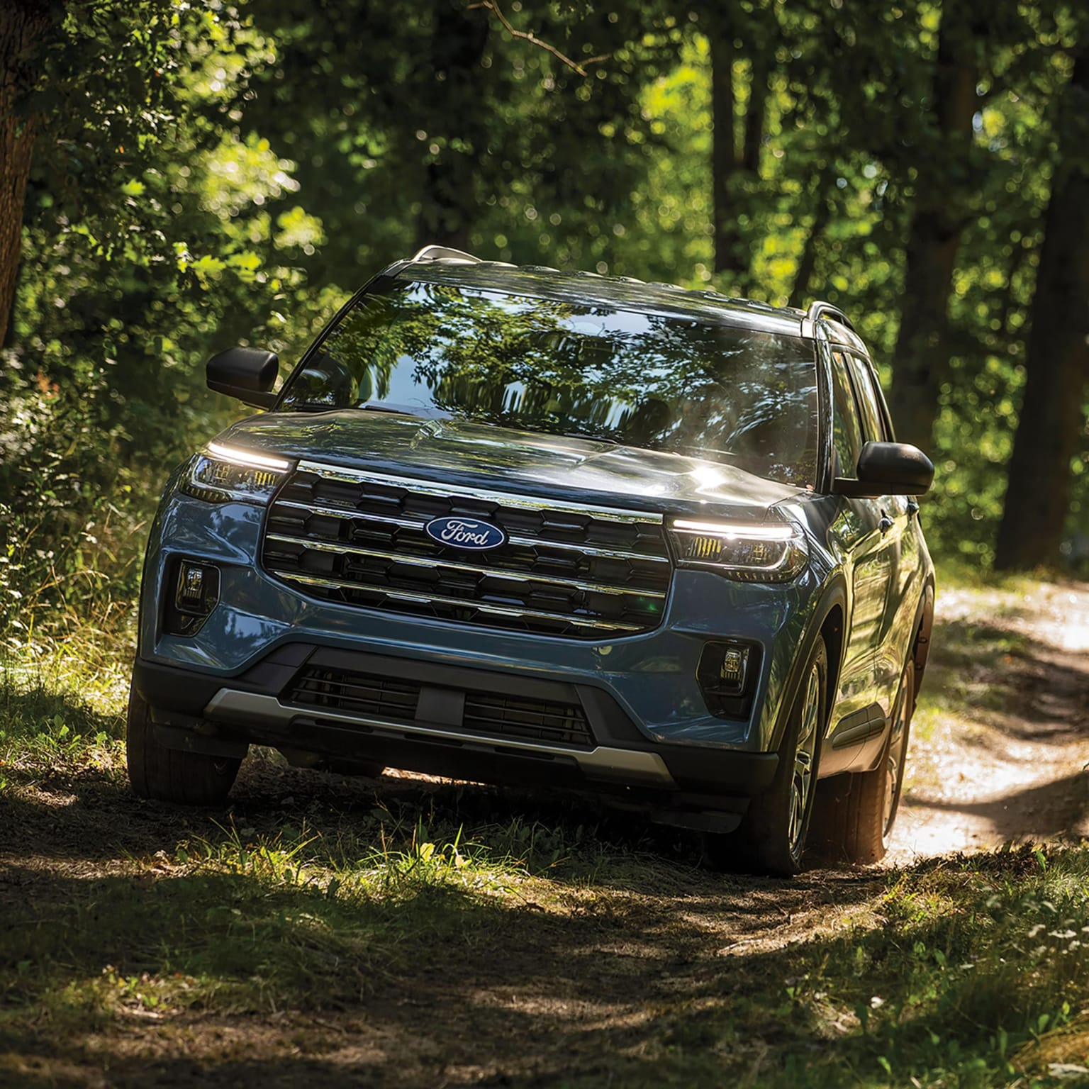 Blue SUV parked on dirt path in forest