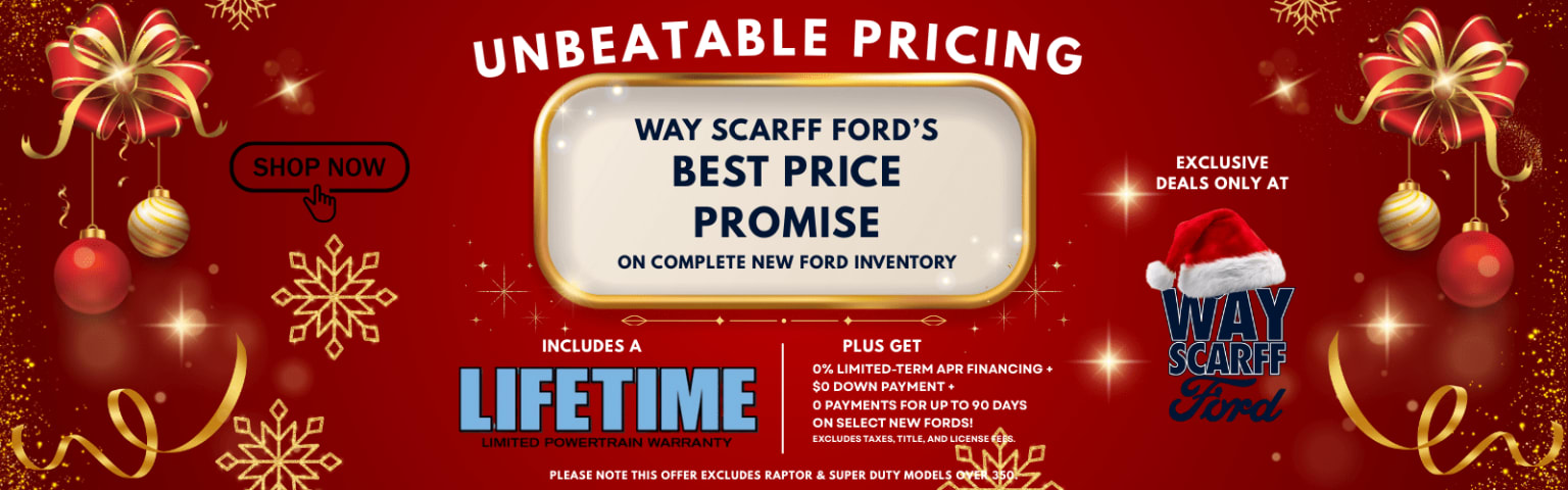 The image displays a promotional advertisement for Scarff Ford's "Unbeatable Pricing" on their complete new Ford inventory, featuring a "Best Price Promise" and a "Lifetime Limited Power Train Warranty" as part of the offer.