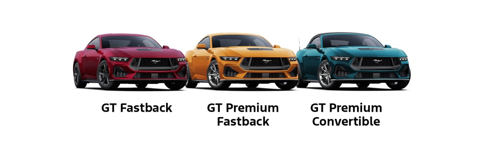 Three different versions of a fastback model are displayed in the image, showcasing their distinct color schemes - a red fastback, a yellow premium fastback, and a teal premium convertible.