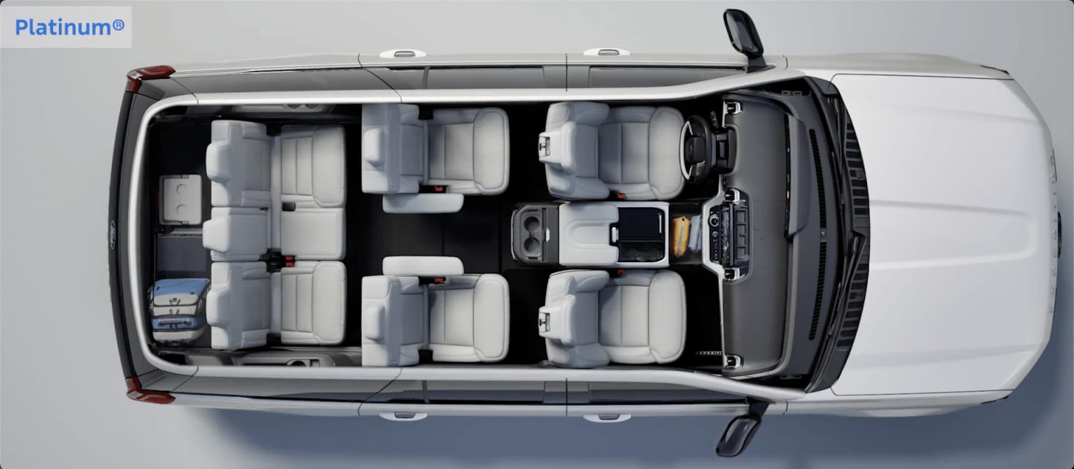 Image of a van interior with multiple rows of seats and storage compartments.