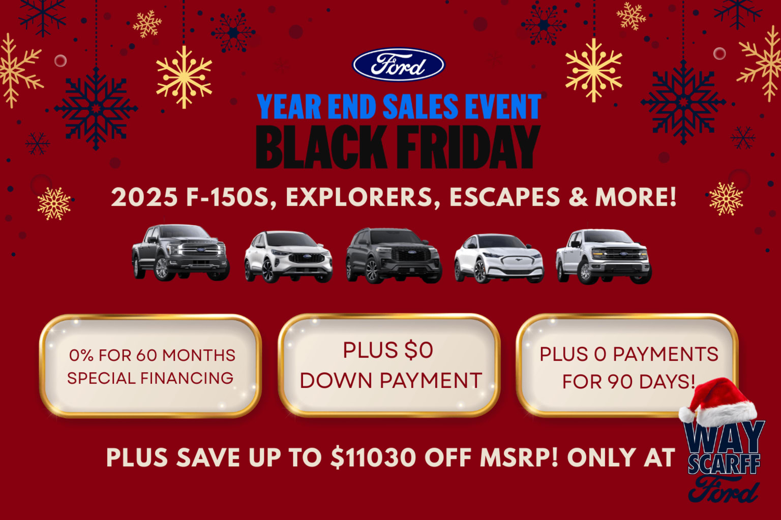 The image showcases a Black Friday year-end sales event for automotive dealership, featuring various vehicle models such as trucks, SUVs, and crossovers, set against a festive red background with snowflake patterns.