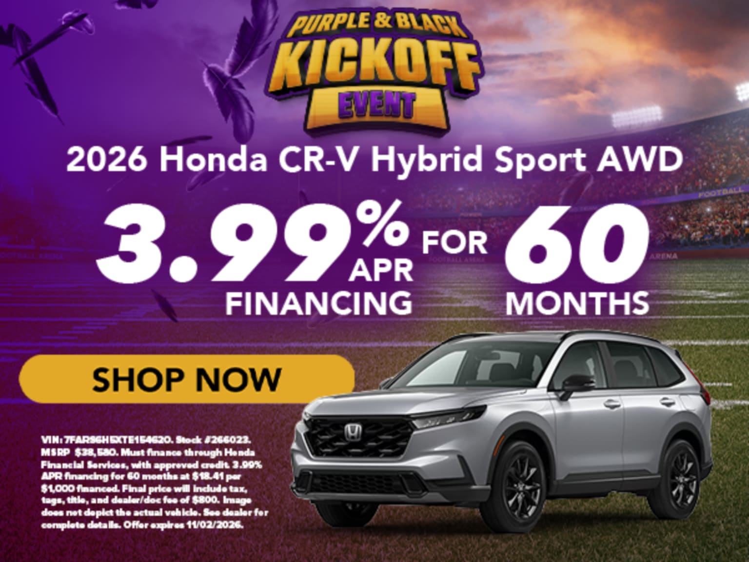 A silver SUV is positioned in the foreground against a purple-tinted football stadium with promotional text for a "Kickoff Event."
