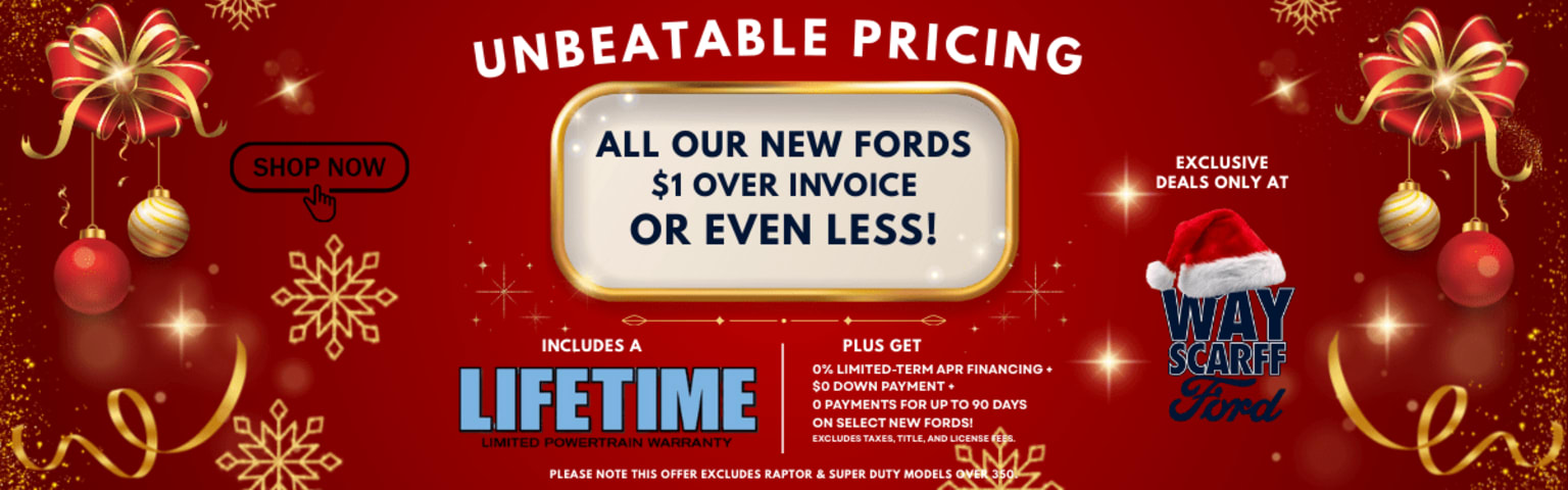The image displays an advertisement for a car dealership, featuring a red background with snowflakes and a Santa Claus figure, along with a promotion for "Unbeatable Pricing" on all new Ford vehicles, including a lifetime warranty and other financing incentives.