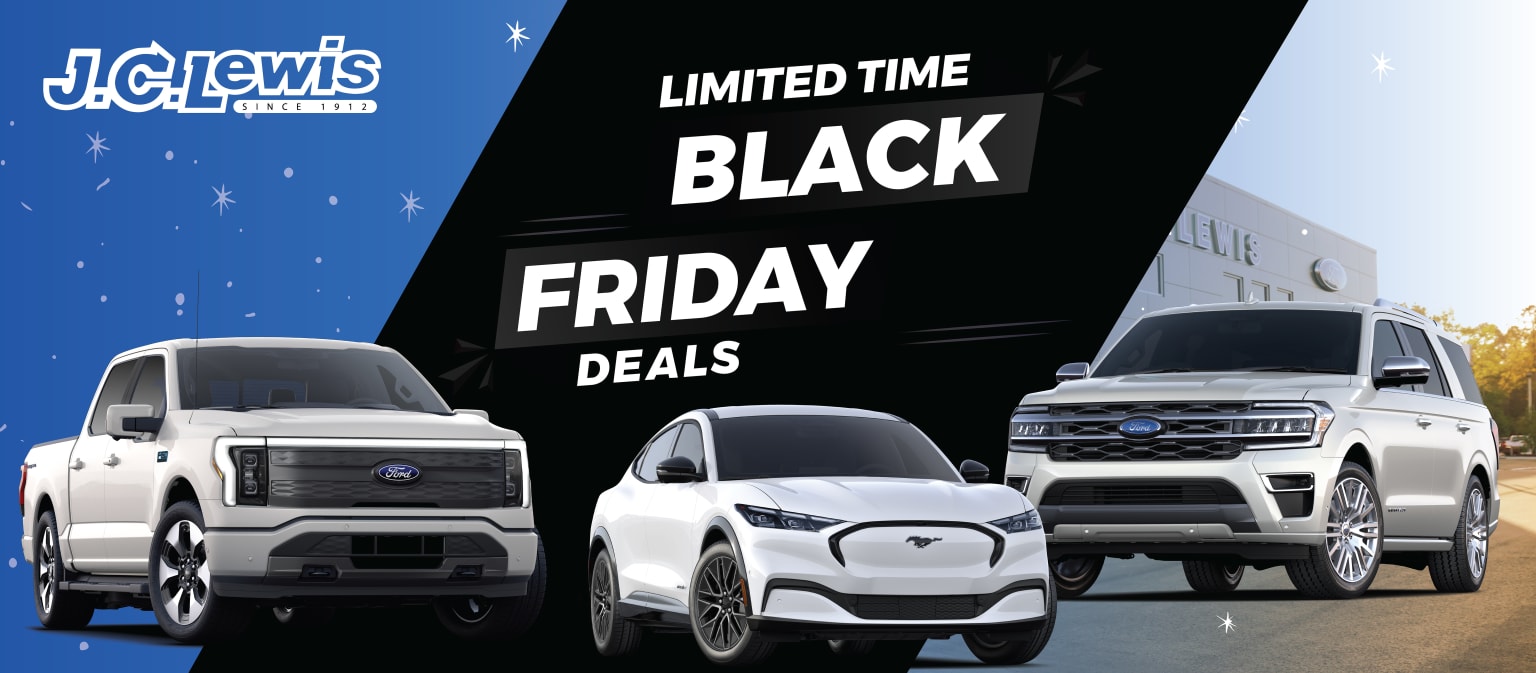 Various vehicles displayed in the image: a white electric SUV, a white pickup truck, and a black SUV, set against a blue background with a "Limited Time Black Friday Deals" sign.