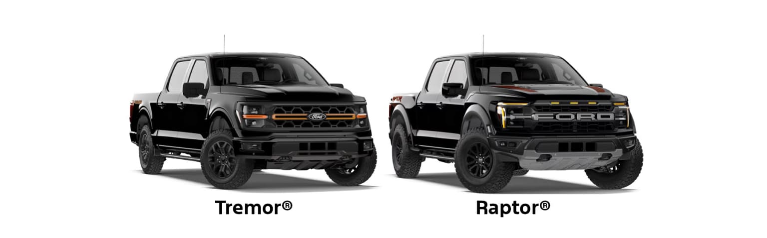 Two black pickup trucks, one labeled "Tremor" and the other "Raptor", are prominently displayed against a plain white background.