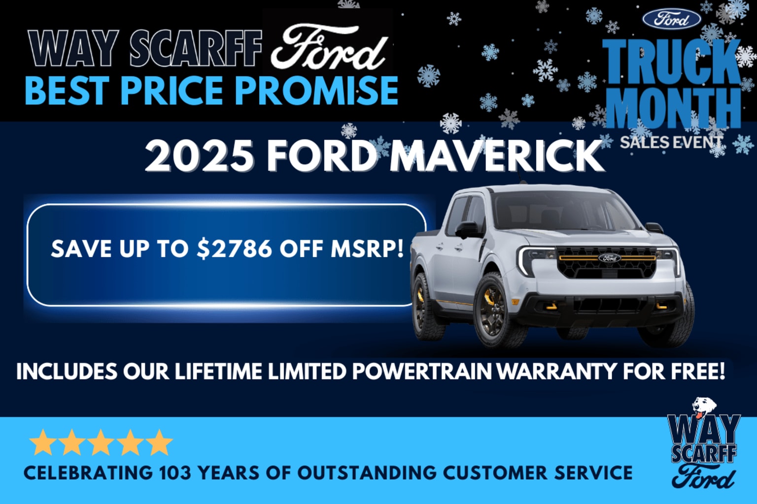 Image of a vehicle prominently displayed with a promotional message highlighting a "Best Price Promise" and a "Lifetime Limited Powertrain Warranty" offer. The background includes a blue and white color scheme with snowflake-like elements, suggesting a winter or holiday-themed advertisement.