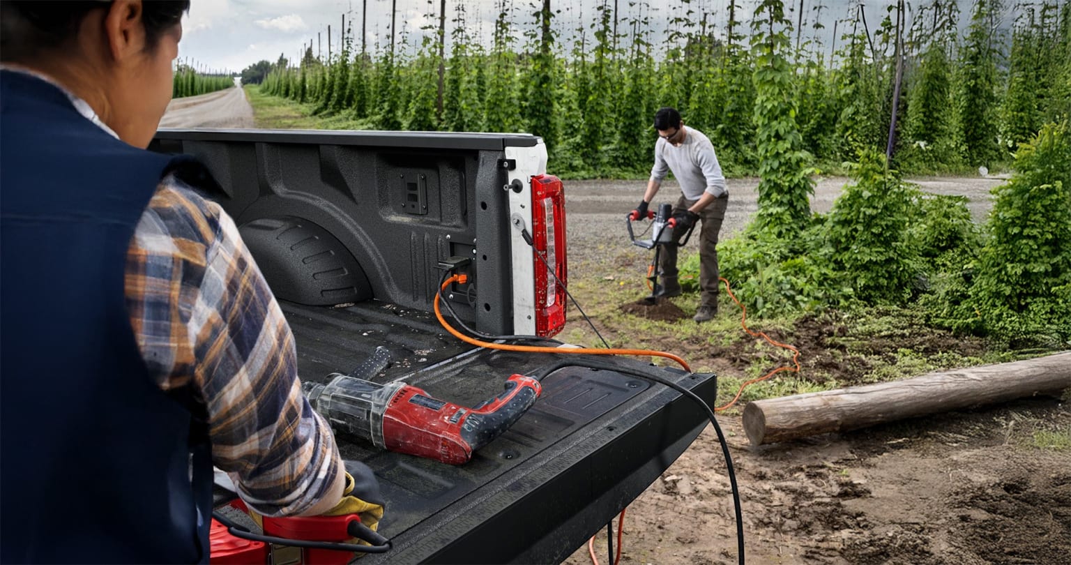 Service technician working on a piece of equipment with a background of tall plants.