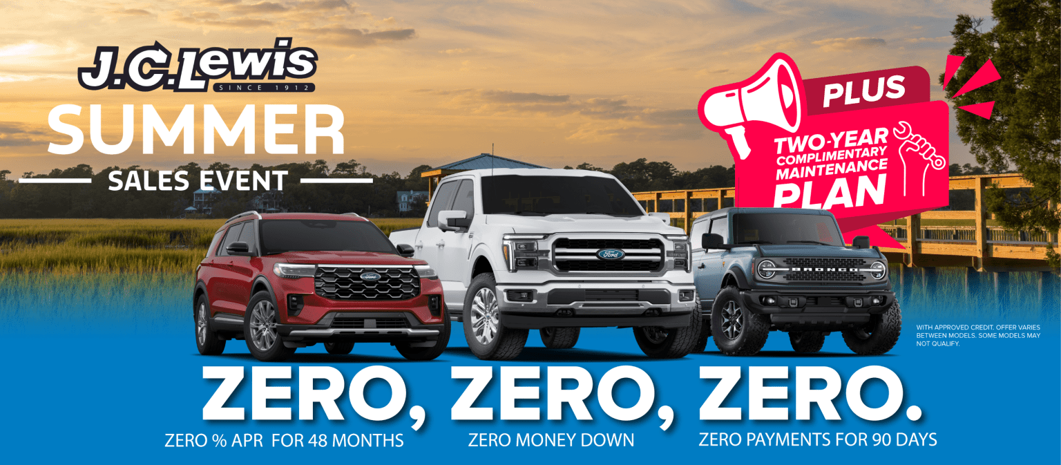 Image of a summer sales event with various trucks in the foreground against a scenic sunset backdrop.