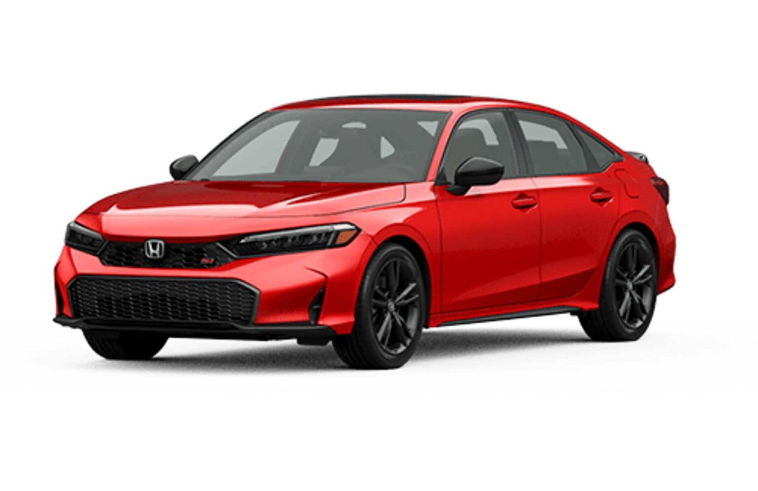 A red sedan with black wheels is positioned against a plain white background.