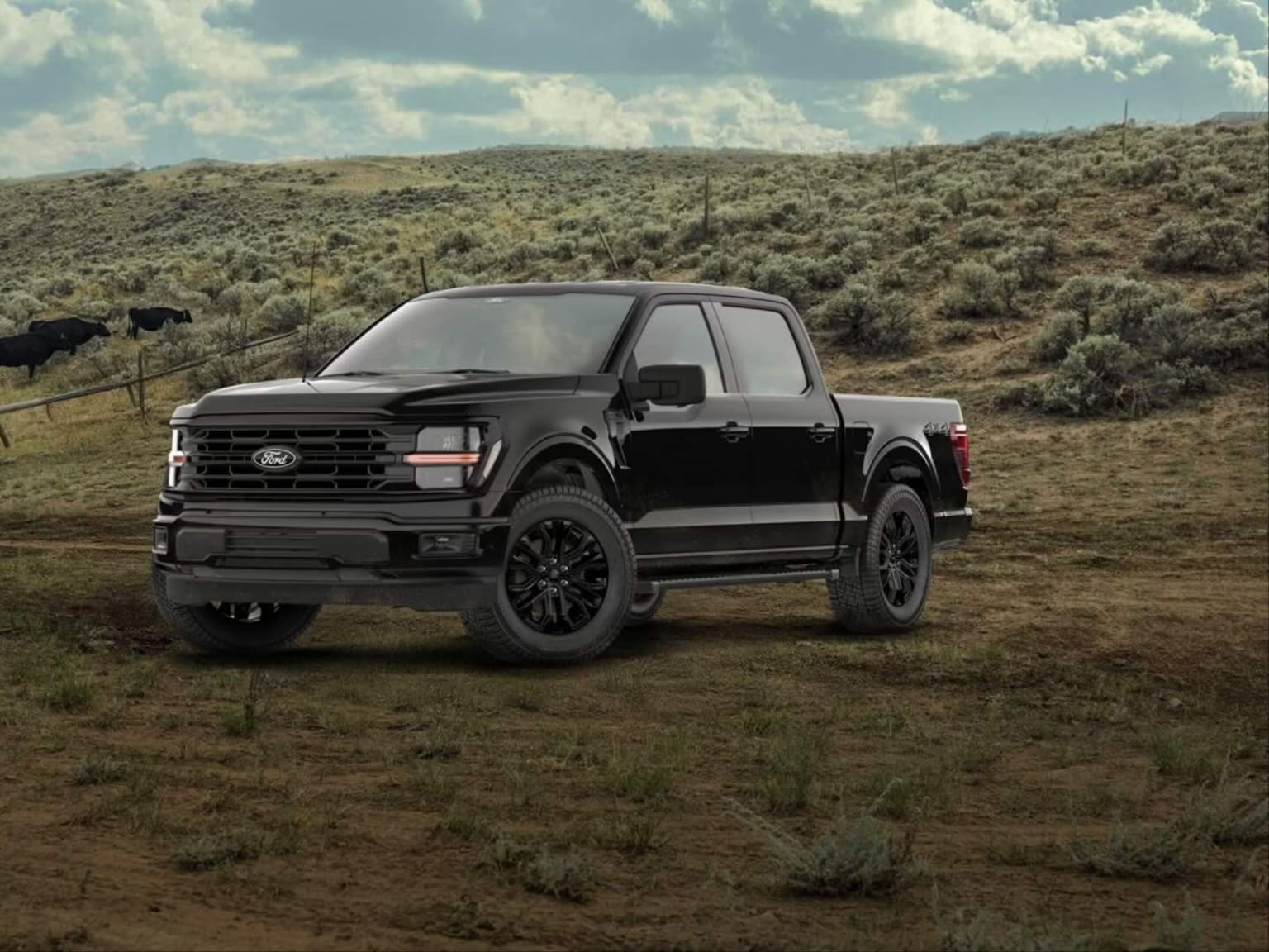 A black pickup truck sits on a dirt path with rolling, shrub-covered hills and grazing cattle under a cloudy sky.