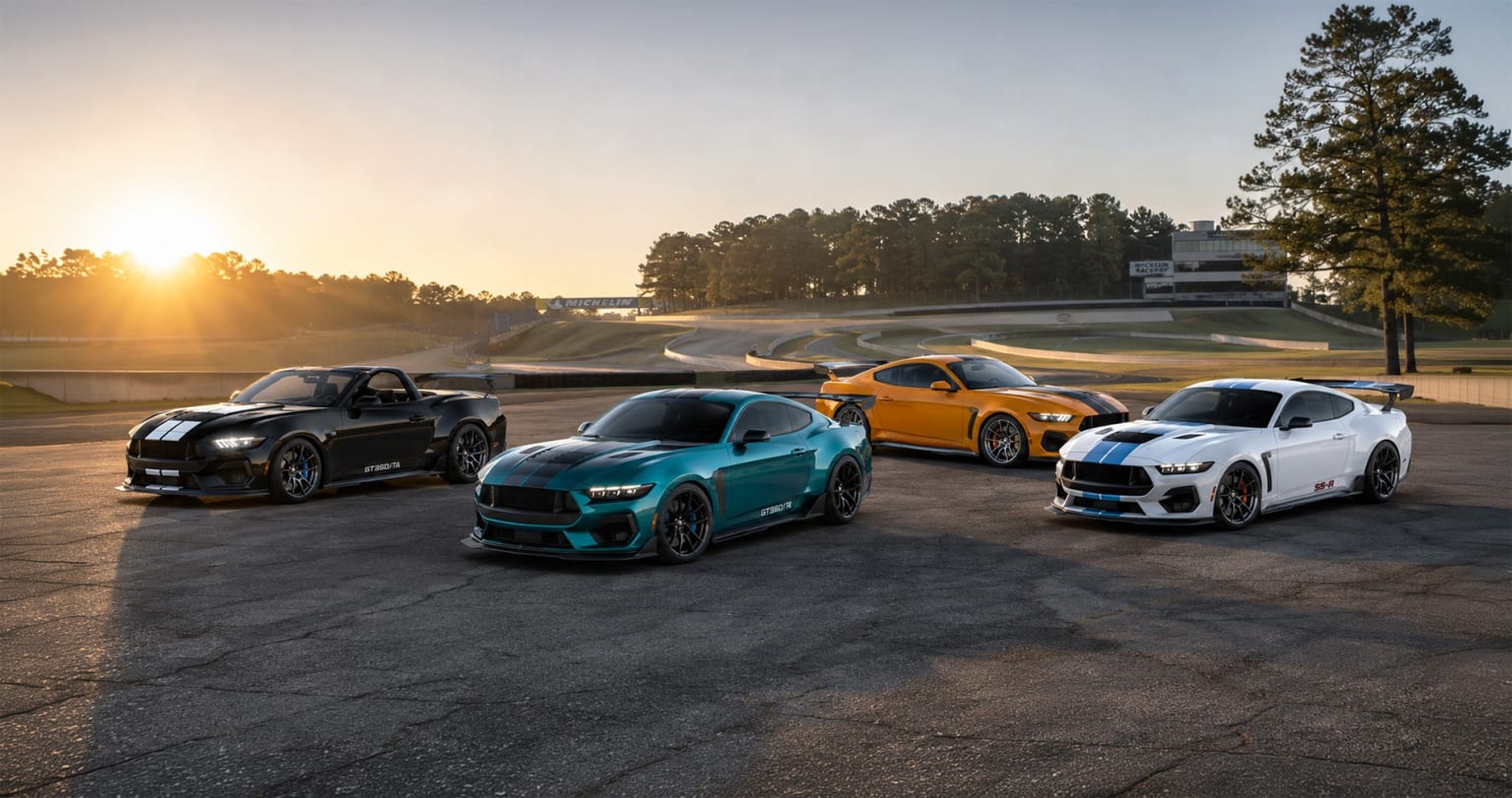Four sleek sports cars in black, teal, orange, and white colors parked on a racetrack with a golden sunrise and distant grandstands in the background.