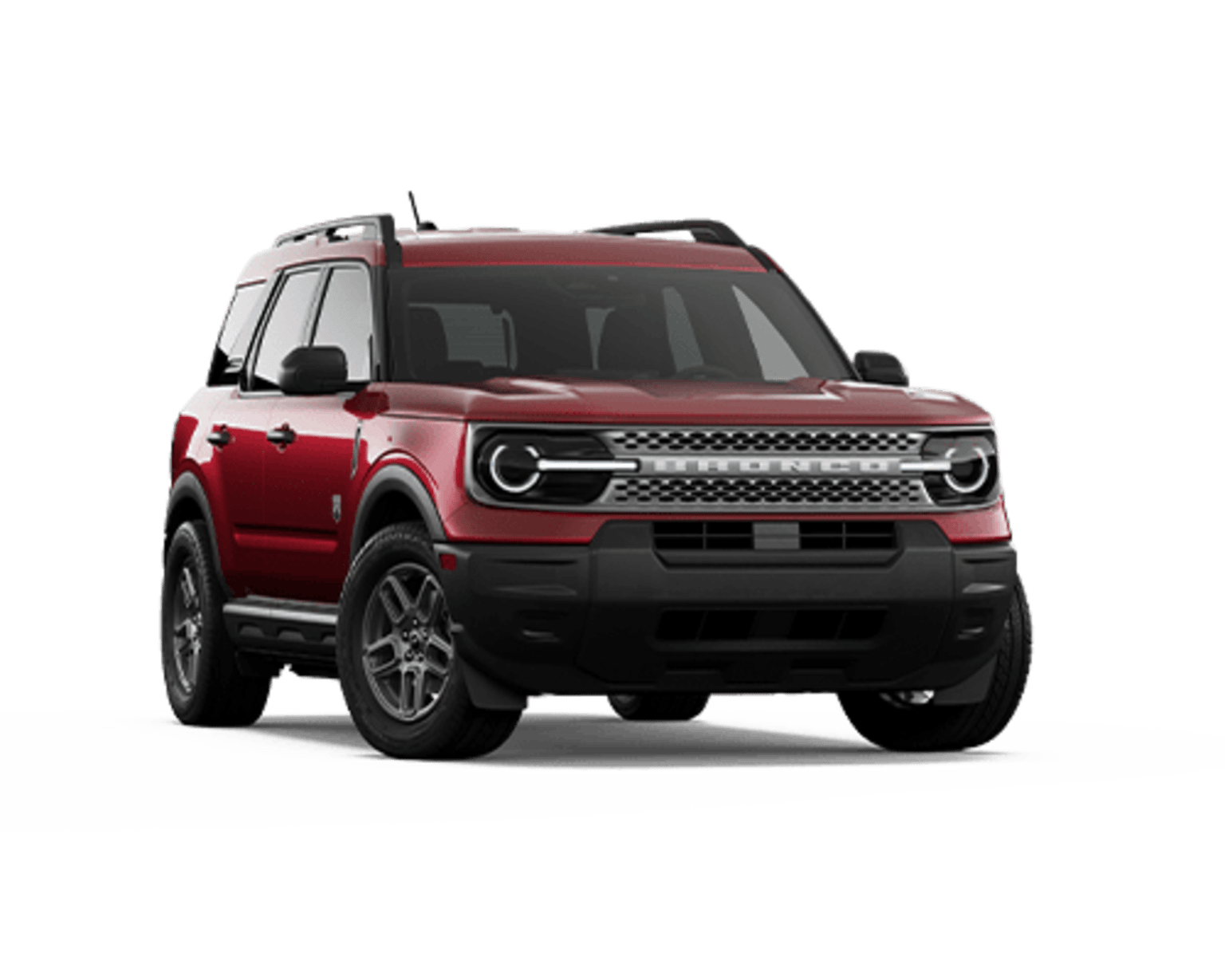 A red, rugged-looking SUV with a distinctive front grille and headlight design stands prominently in the frame, set against a plain white background.