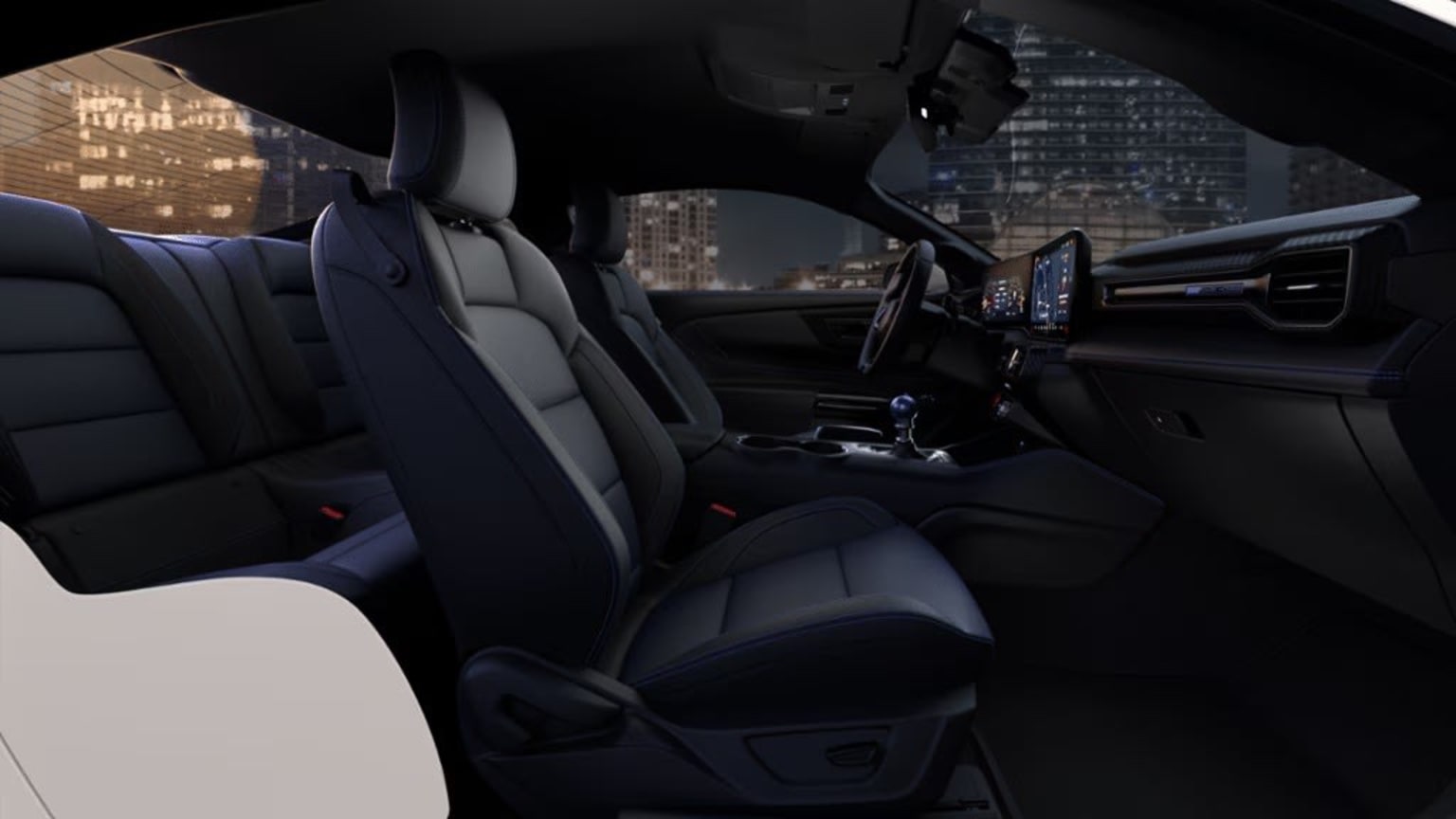 Interior of a modern vehicle with dark leather seats and a dashboard featuring a large display screen, set against a nighttime cityscape visible through the windshield.