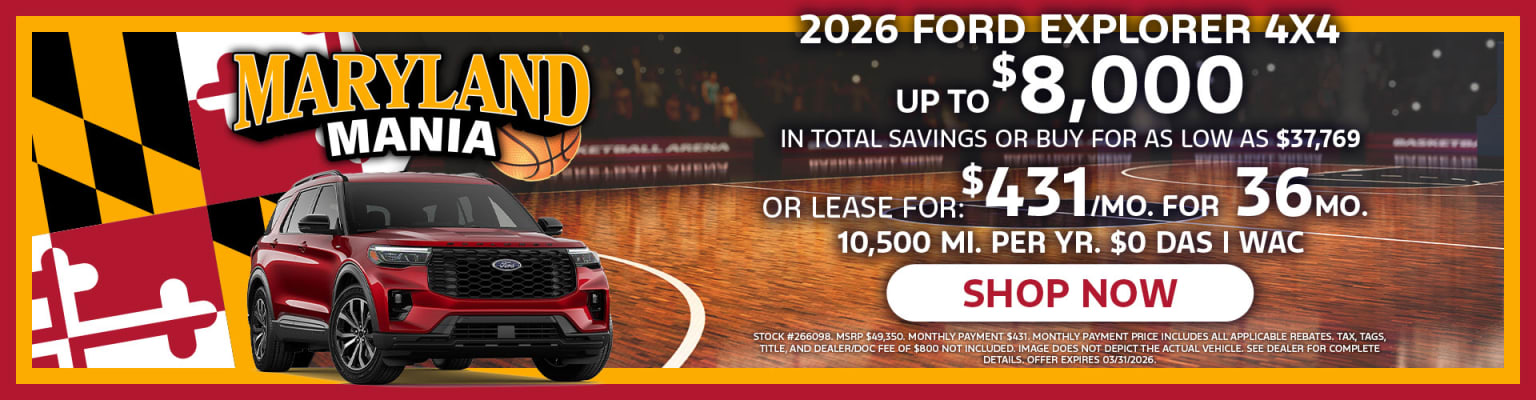 A red SUV displayed in the foreground against a basketball court backdrop with the "Maryland Mania" logo visible.