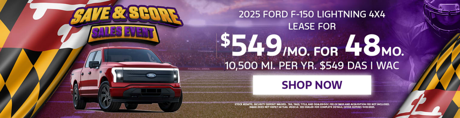 The image displays a large advertisement for a 2025 electric pickup truck, featuring the vehicle's image and details about a leasing offer including mileage per year, set against a vibrant purple and blue background.