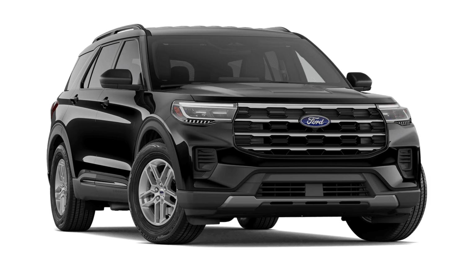 A black SUV is parked in the foreground against a plain white background.