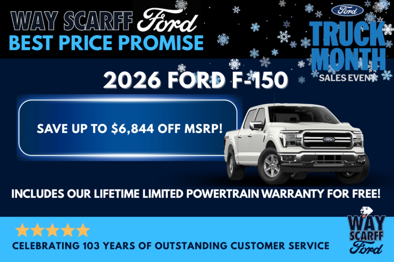 The image showcases a pickup truck, prominently displayed with a "Best Price Promise" offer and a "Truck Month Sales Event" promotion. The background features a blue and white design with snowflakes, highlighting the winter season.