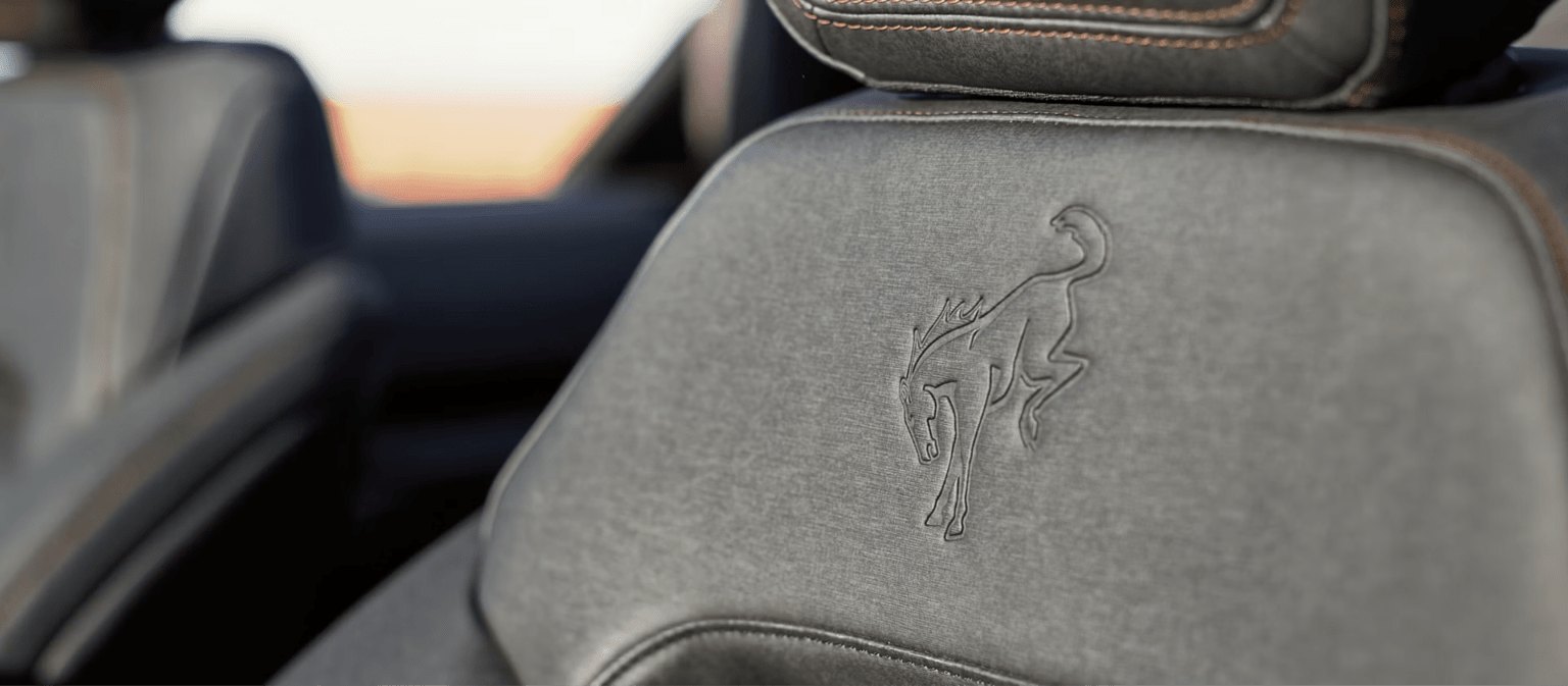 Close-up photo of a car seat with an emblem in the foreground, set against a blurred desert landscape background.