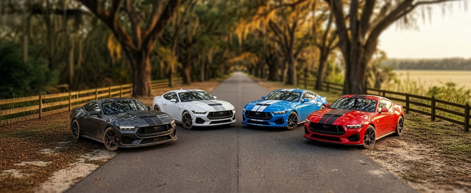 A row of four high-performance SUVs in various colors - black, blue, red, and white - are parked on a paved path surrounded by a lush, tree-lined landscape.