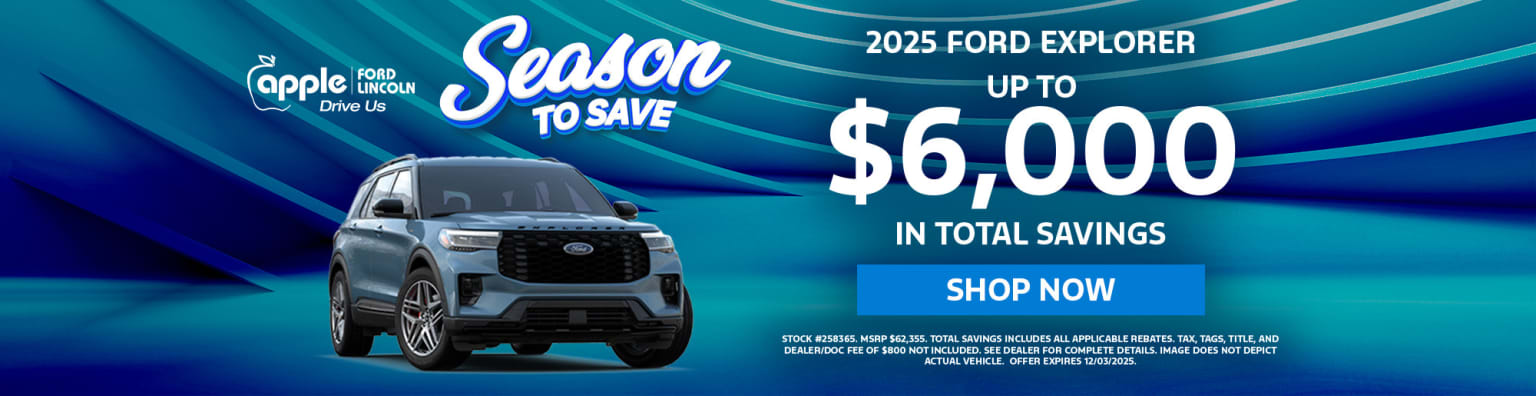 The image features an SUV prominently displayed in the foreground, with a blue and teal background showcasing a promotion offering up to a certain amount in total savings on the vehicle.