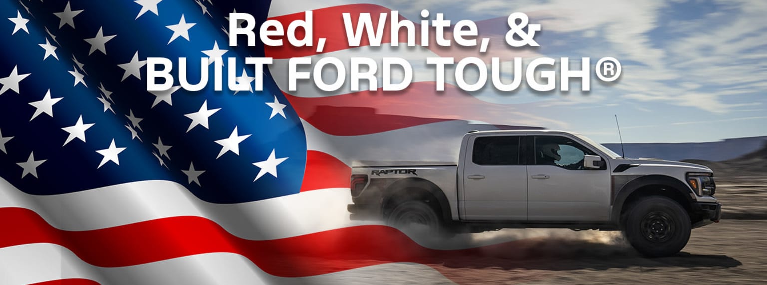The image depicts a red, white, and blue American flag in the background, with a truck prominently displayed in the foreground, showcasing the "Built Tough" branding.