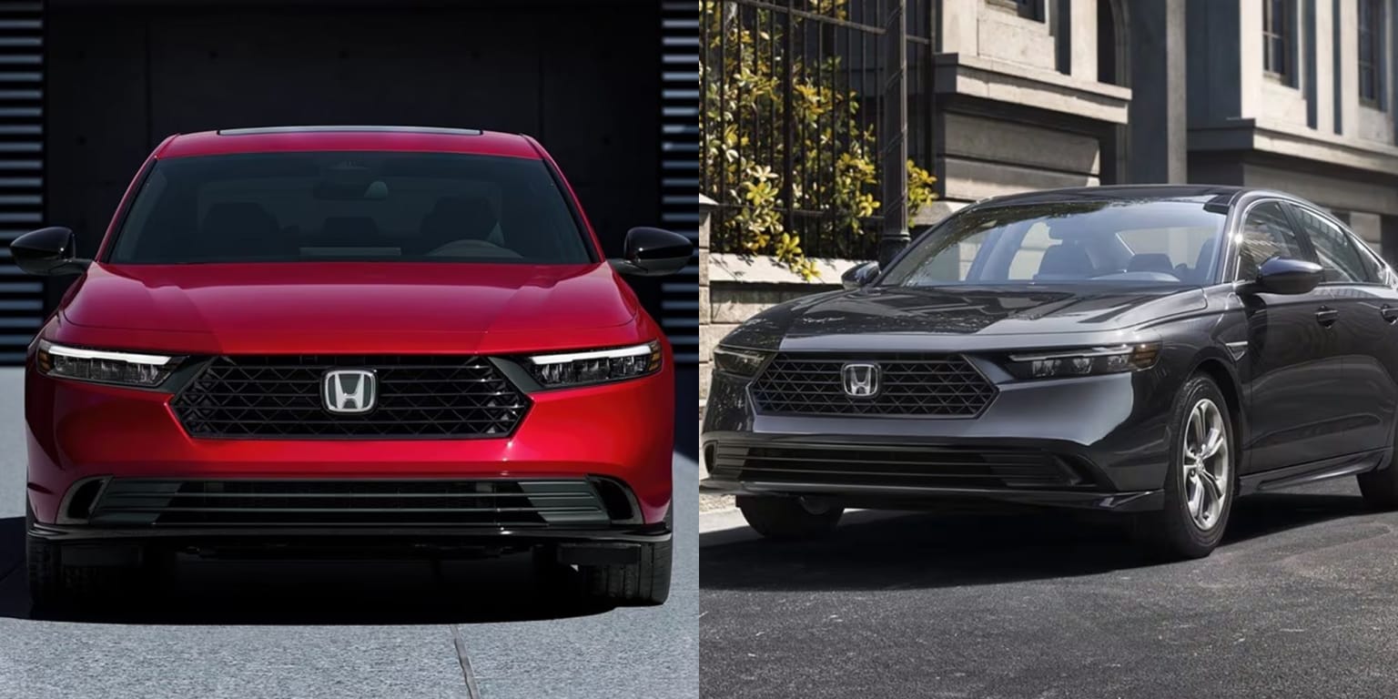 A red sedan is shown head-on against a dark, ribbed background, while a dark gray sedan is angled on a street with a building in the background.