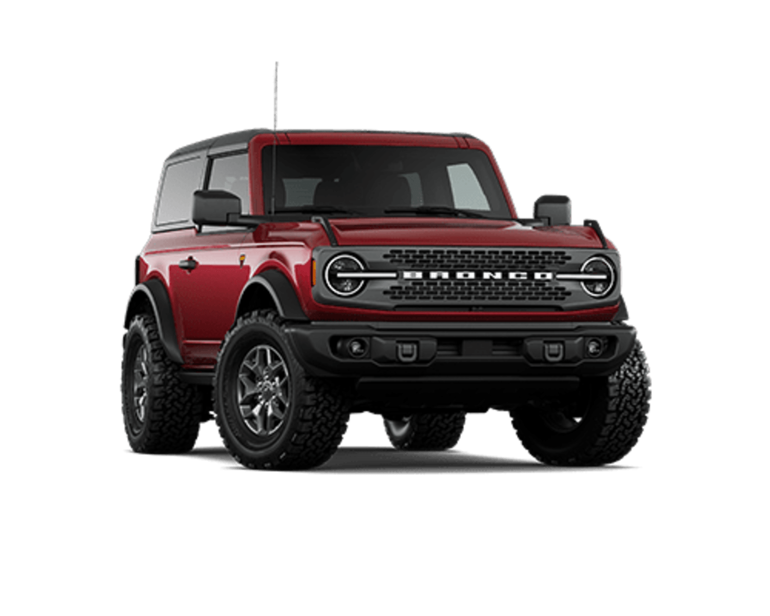 A red, rugged-looking SUV with large off-road tires and a distinctive front grille stands prominently in the frame against a plain white background.