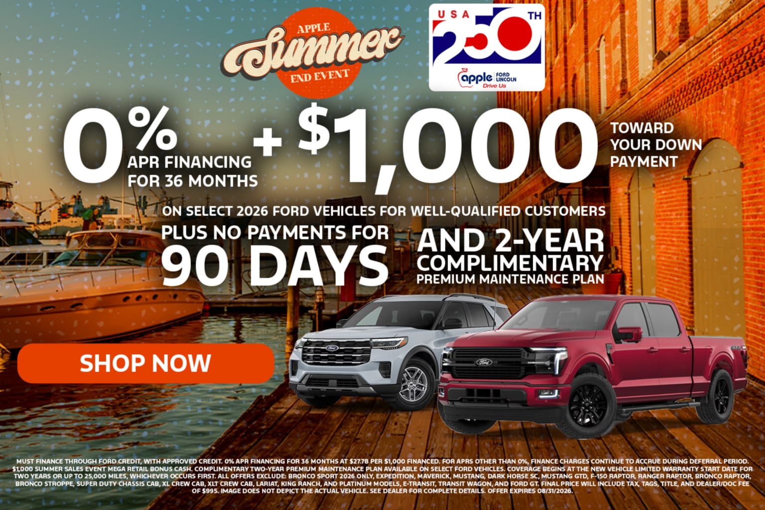 Two vehicles are displayed in the foreground with a waterfront scene of boats and buildings in the background, all under a banner advertising a summer sales event.