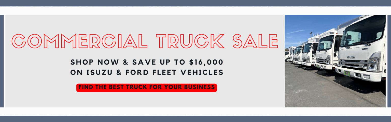 The image shows a commercial truck sale advertisement with a large red text "COMMERCIAL TRUCK SALE" and a call to action to "SHOP NOW & SAVE UP TO $16,000 ON FLEET VEHICLES". In the background, there are several commercial trucks or fleet vehicles visible.