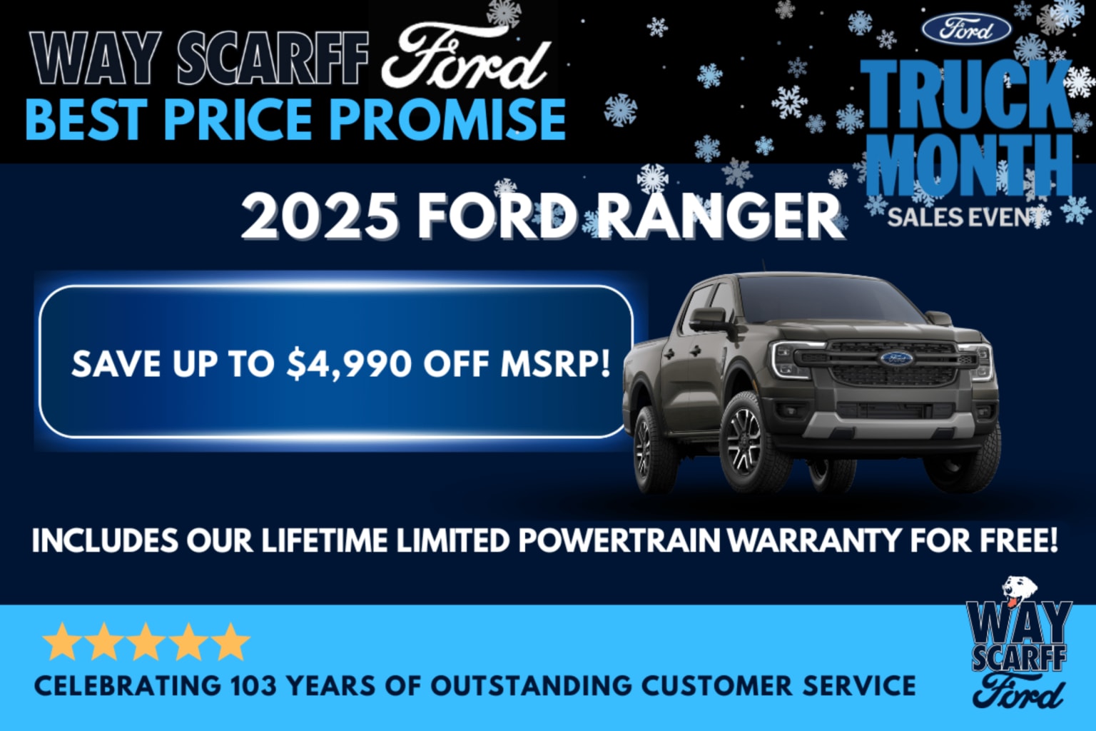 A 2025 mid-size pickup truck under a snowy, starry night sky with text celebrating years of outstanding customer service.