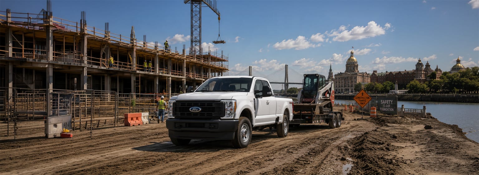 A white pickup truck towing a skid steer loader on a dirt road in front of a building under construction, with a city skyline visible across a river in the background.