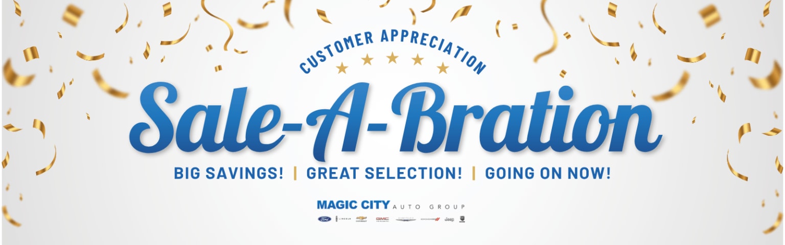 Confetti raining down on a white background with Sale-A-Bration in large blue script, with smaller text advertising Big Savings! Great Selection! Going on Now! and the Magic City Auto Group logo.