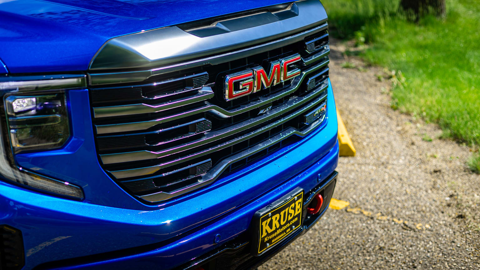 A blue truck with a prominent grille and chrome accents is parked on a grassy field, with a blurred background of more greenery.