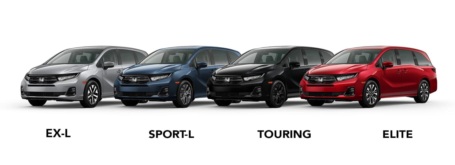 Four minivans in silver, blue, black, and red colors displayed in a row on a white background.