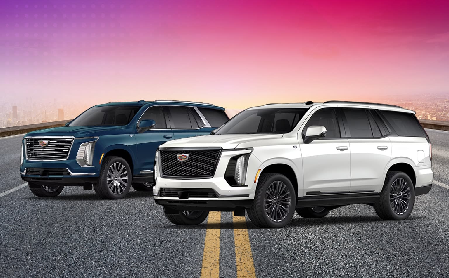 Two large, luxurious SUVs in different colors - a blue one and a white one - are parked on a road against a vibrant, colorful sky in the background.