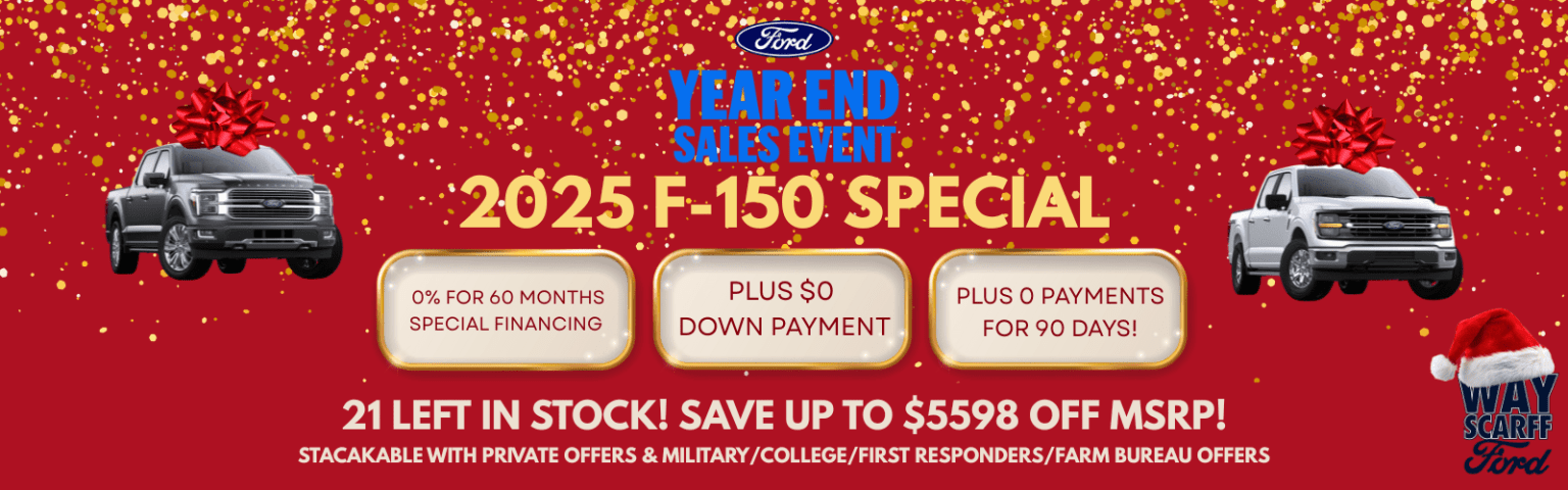 The image displays a Ford promotional advertisement featuring a red and gold background with text and details about a special financing offer for the 2025 F-150 model, including 0% financing for 60 months, $0 down payment, and 0 payments for 90 days.