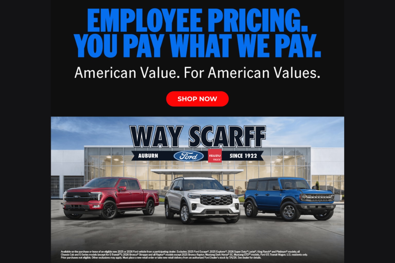 Three vehicles are displayed in front of a dealership with a promotional message about employee pricing above.
