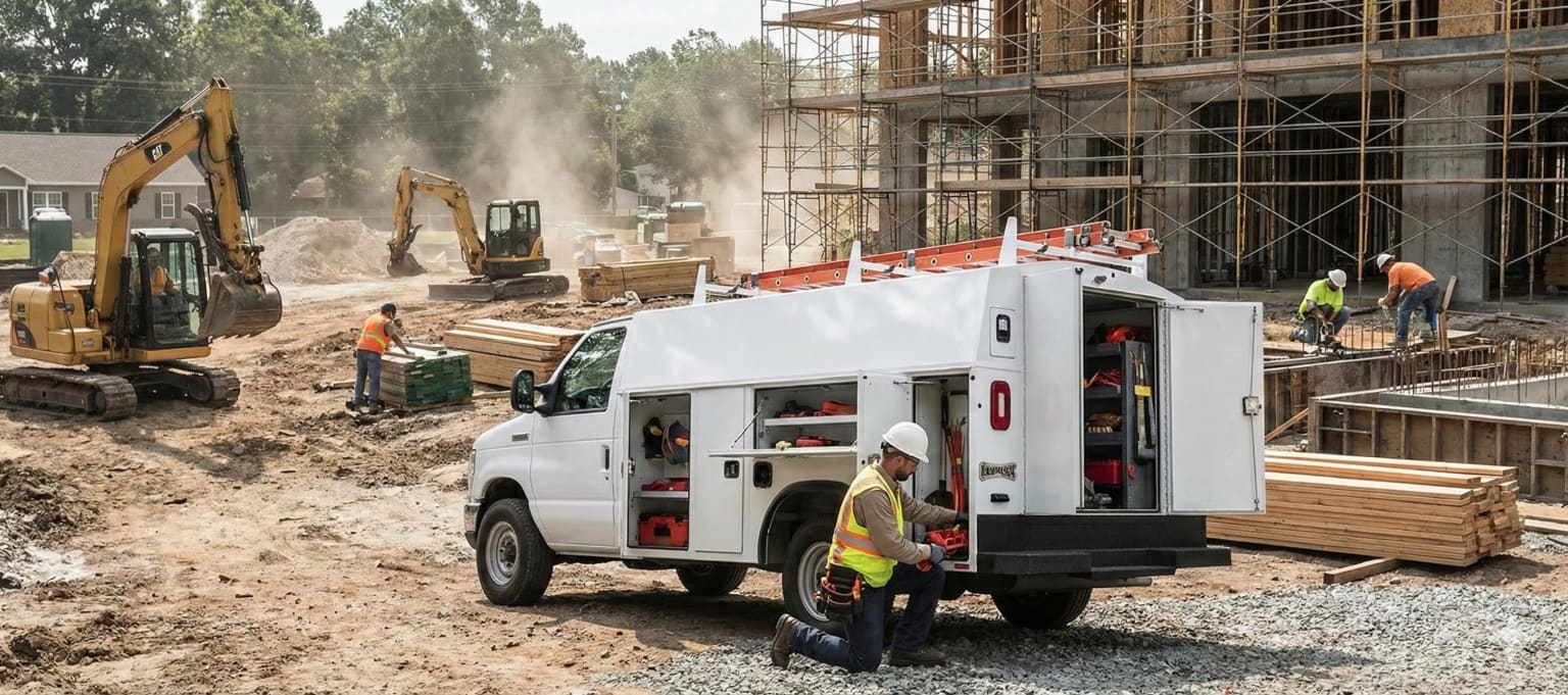 A construction site with heavy machinery, workers, and a utility vehicle in the foreground, surrounded by a partially built structure and a wooded area in the background.