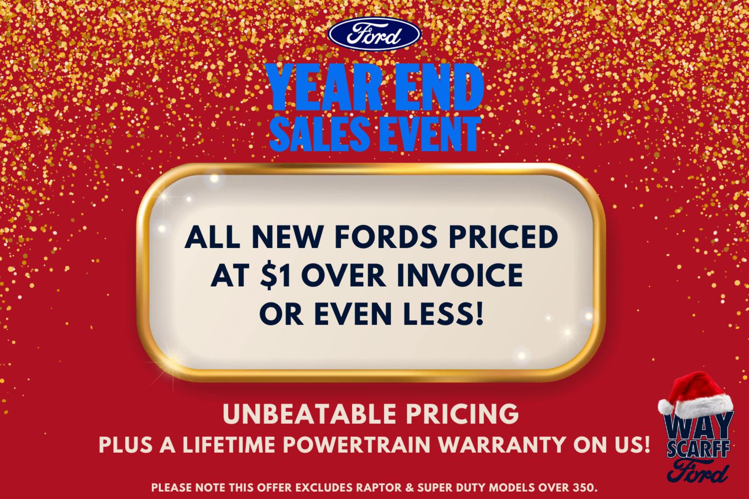 The image features a Ford logo and text advertising "Year-end sales event" with a message about all new Fords being priced at $1 over invoice or even less, set against a vibrant red and yellow background.