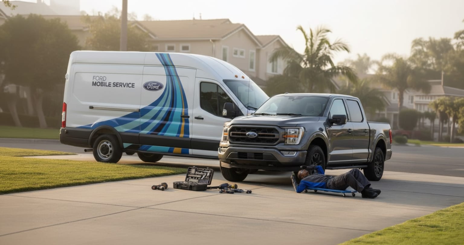A large white delivery van with blue and green graphics is parked on a residential street, with a pickup truck and various tools and equipment visible in the foreground.